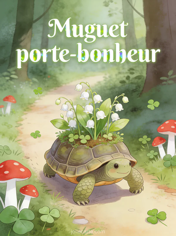 Illustration d'une tortue portant un mini jardin de muguet sur sa carapace sur un chemin de forêt