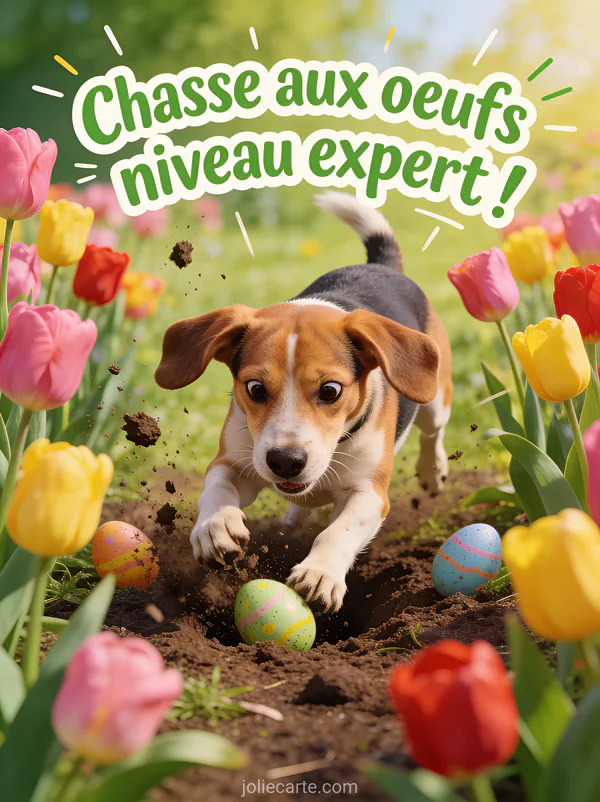 Petit chien beagle creusant dans un parterre de tulipes à la recherche d'œufs de Pâques avec un regard déterminé et comique