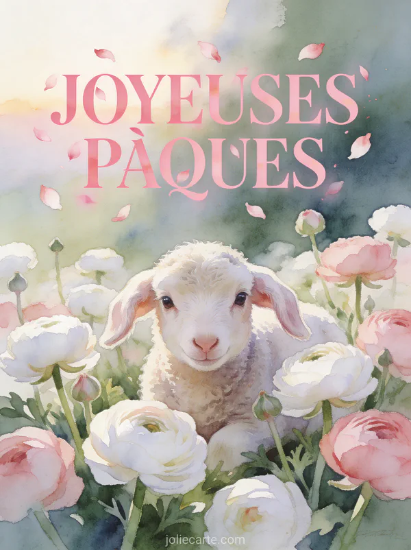 Petit lapereau bélier aux oreilles tombantes niché dans un parterre de renoncules blanches et roses