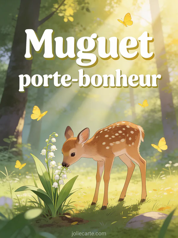 Illustration d'un petit faon tacheté reniflant un brin de muguet dans une clairière ensoleillée avec papillons