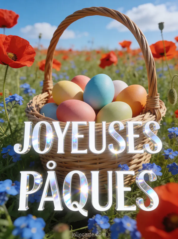 Panier tressé rempli d'œufs colorés posé dans un champ de coquelicots et de bleuets sous un ciel printanier