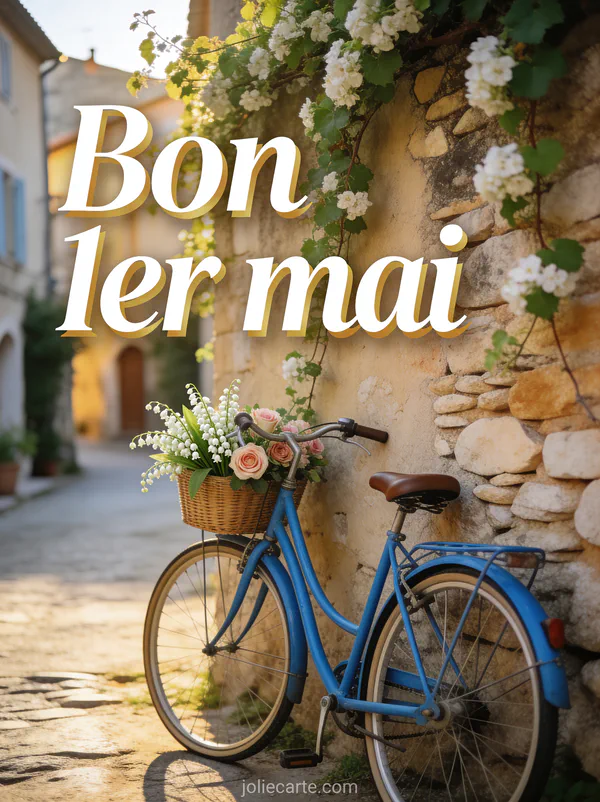 Vélo vintage bleu avec panier rempli de muguet et roses appuyé contre un mur en pierres provençal