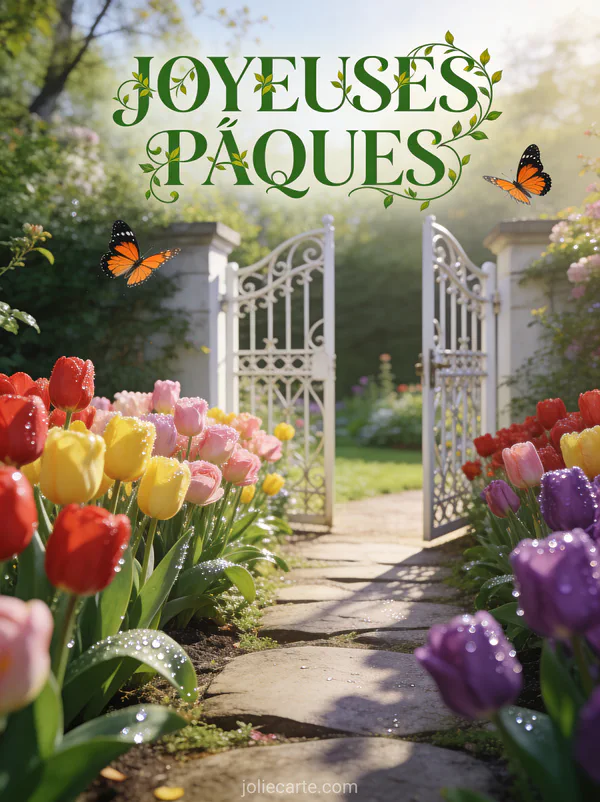 Jardin anglais avec portail en fer forgé blanc ouvert sur une allée de tulipes multicolores et des papillons au matin