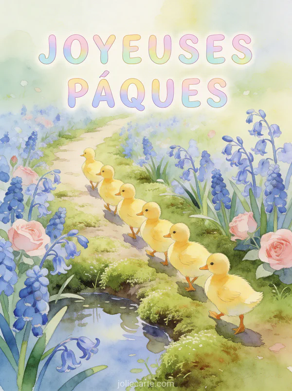 Famille de canetons jaunes marchant en file indienne sur un sentier de mousse bordé de jacinthes bleues et roses