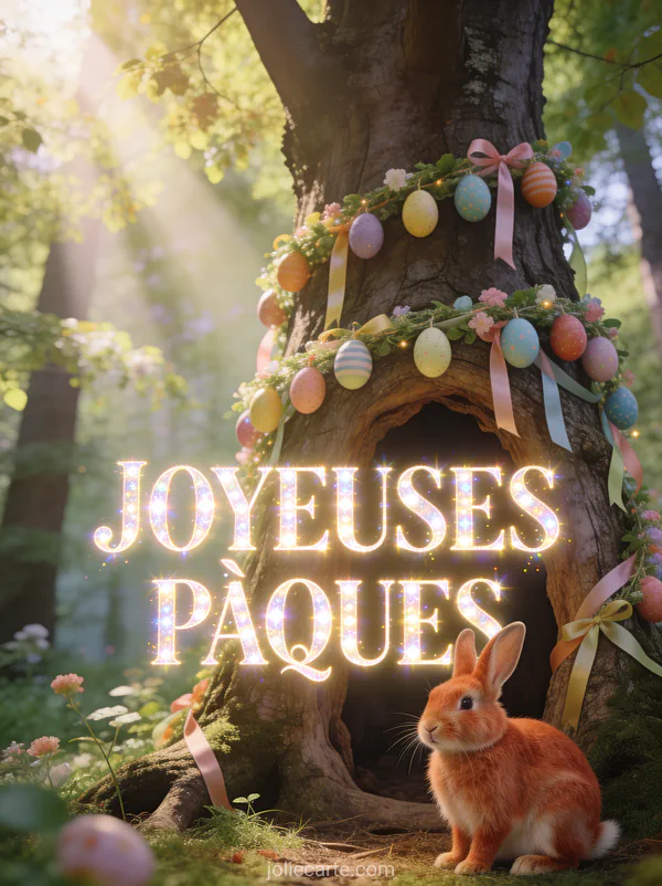 Lapin roux assis devant un arbre creux décoré de guirlandes d'œufs colorés dans une forêt printanière ensoleillée