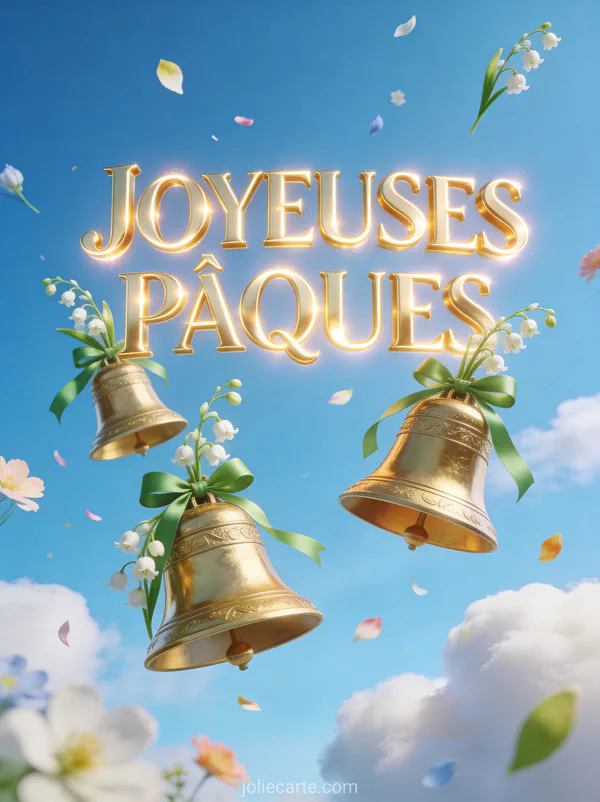 Trois cloches dorées ornées de rubans verts et de muguet volant dans un ciel bleu parsemé de pétales de fleurs
