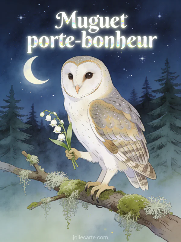Illustration d'un hibou grand-duc tenant un brin de muguet perché sur une branche moussue sous ciel étoilé