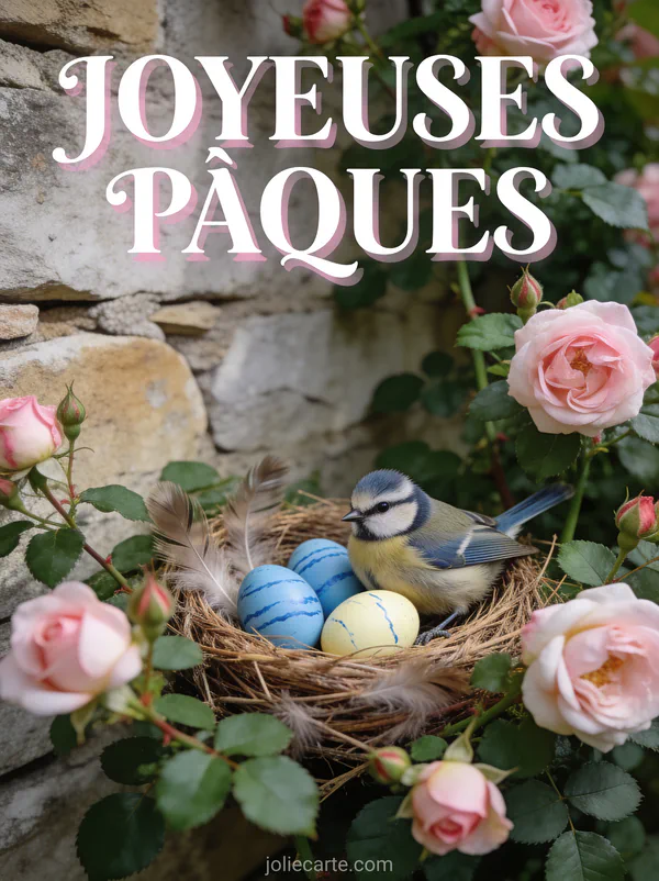 Petit moineau et œufs marbrés dans un nid posé dans un rosier grimpant en fleurs roses sur un vieux mur de pierre