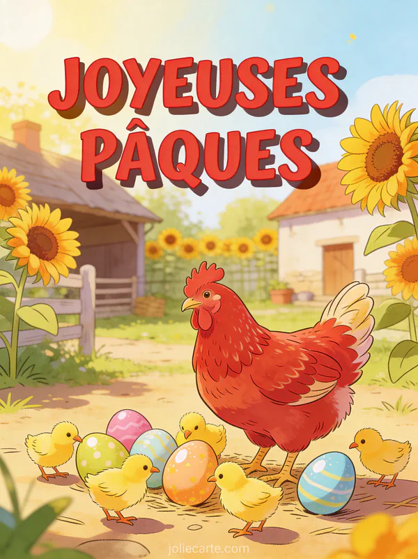 Poule rousse entourée de poussins jaunes picorant autour d'œufs colorés dans une cour de ferme avec des tournesols