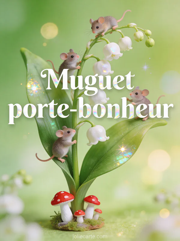 Illustration de petites souris des champs grimpant sur un brin de muguet géant avec champignons miniatures