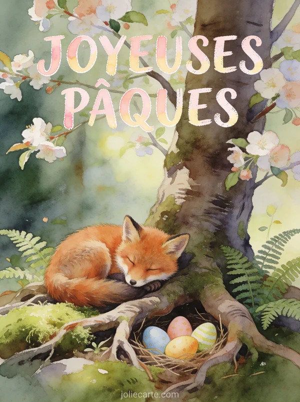 Petit renard roux endormi en boule au pied d'un arbre en fleurs avec des œufs de Pâques cachés dans les racines