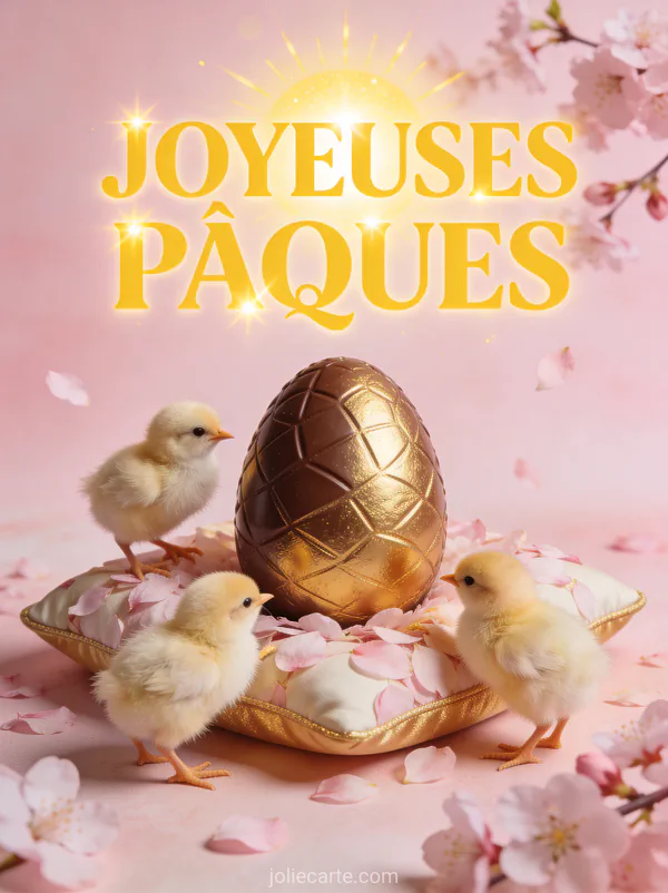 Trois poussins duveteux jouant autour d'un gros œuf en chocolat doré sur un coussin de pétales de cerisier