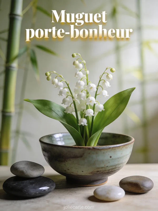 Muguet dans un bol en céramique japonaise raku avec pierre zen et galets sur fond bambou