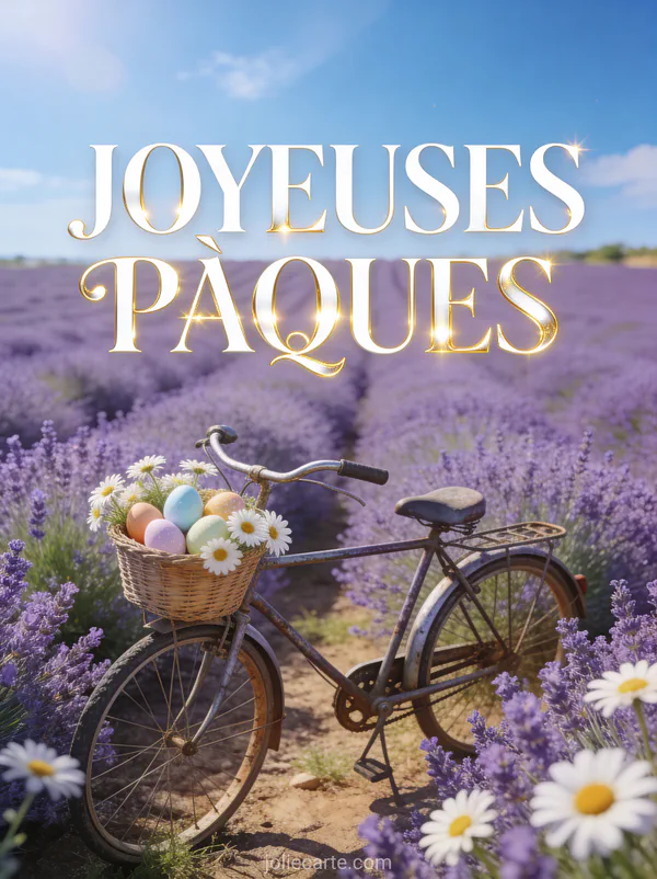 Vieux vélo décoré d'un panier rempli d'œufs de Pâques et de marguerites dans un champ de lavande sous un ciel bleu