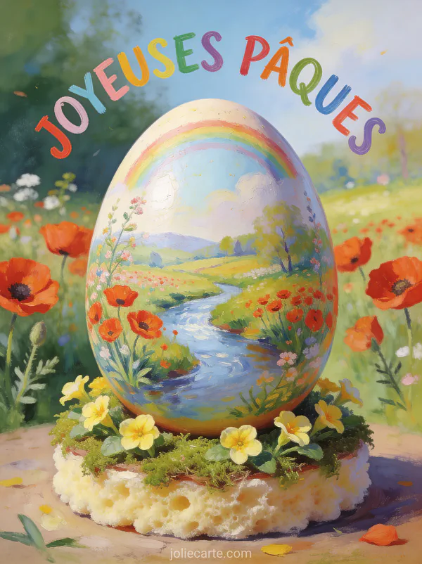 Œuf de Pâques géant peint d'un paysage de campagne avec coquelicots et ruisseau posé sur de la mousse et des primevères