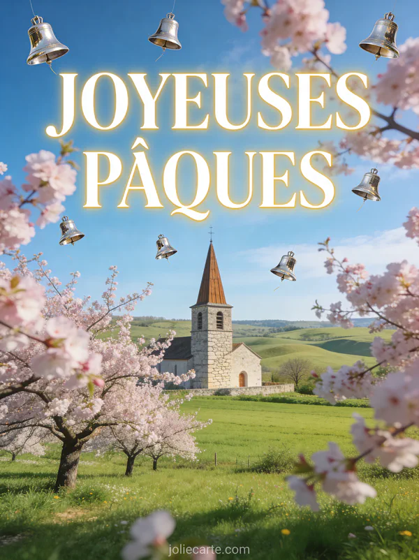 Campagne française au printemps avec un clocher d'église au loin cerisiers en fleurs et cloches volantes dans un ciel bleu