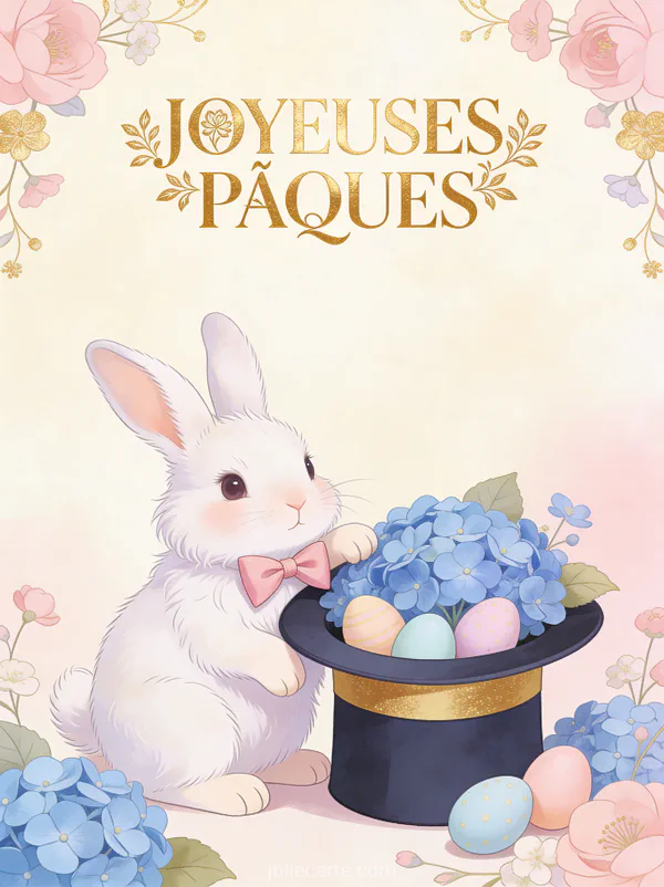 Lapin angora blanc avec un nœud papillon rose à côté d'une boîte à chapeau d'hortensias bleus et d'œufs pastel