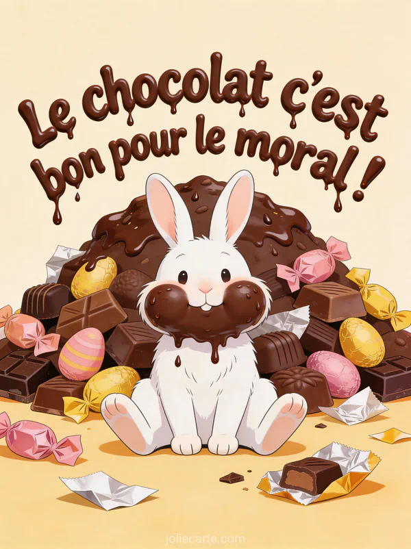 Lapin blanc les joues gonflées de chocolat devant une montagne de chocolats de Pâques avec des emballages éparpillés