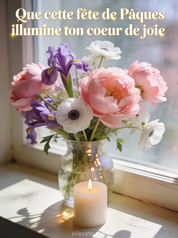 Bouquet de pivoines roses iris mauves et anémones blanches dans un vase en verre sur un rebord de fenêtre ensoleillé