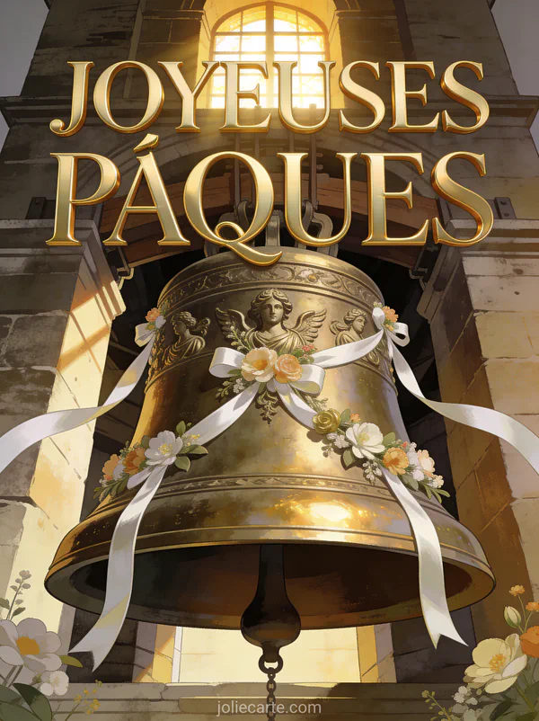 Grande cloche de bronze ornée de sculptures florales et de rubans blancs dans un clocher ancien avec lumière dorée