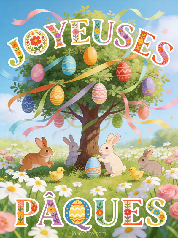 Arbre de Pâques décoré d'œufs peints et de rubans avec des lapins et poussins jouant dans une prairie de pâquerettes
