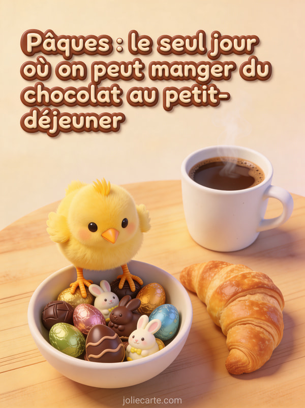 Poussin jaune les pattes dans un bol de chocolats à côté d'un croissant et d'un café sur une table de petit-déjeuner