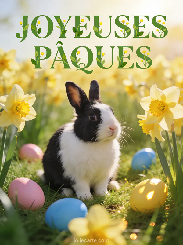 Lapin nain hollandais noir et blanc dans un champ de narcisses jaunes avec des œufs colorés éparpillés au soleil matinal