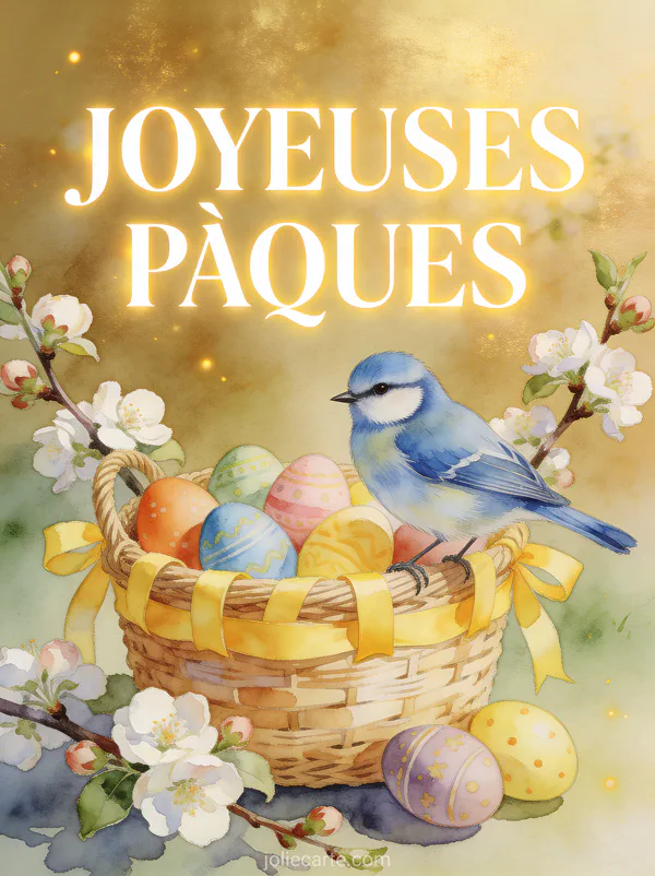 Mésange bleue perchée sur un panier d'osier rempli d'œufs peints avec des branches de pommier en fleurs autour