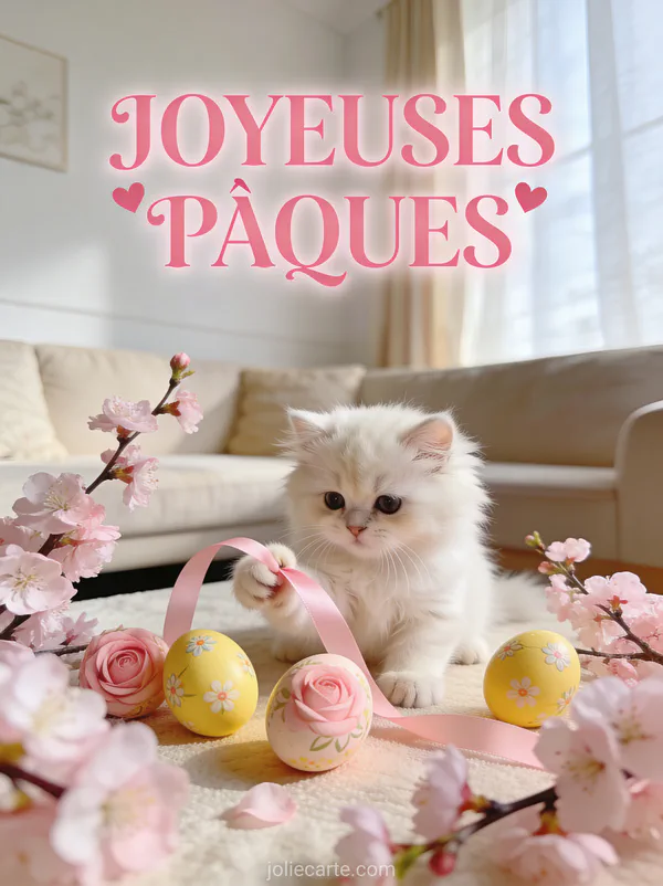 Chaton persan blanc jouant avec un ruban rose à côté d'œufs de Pâques décorés et de branches de cerisier