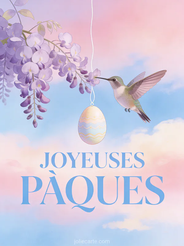 Colibri butinant des fleurs de glycine mauve à côté d'un œuf de Pâques suspendu sur fond de ciel rose et bleu