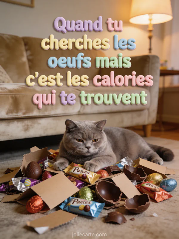 Chat british shorthair gris couché avec un air résigné sur un tas d'emballages de chocolats de Pâques vides
