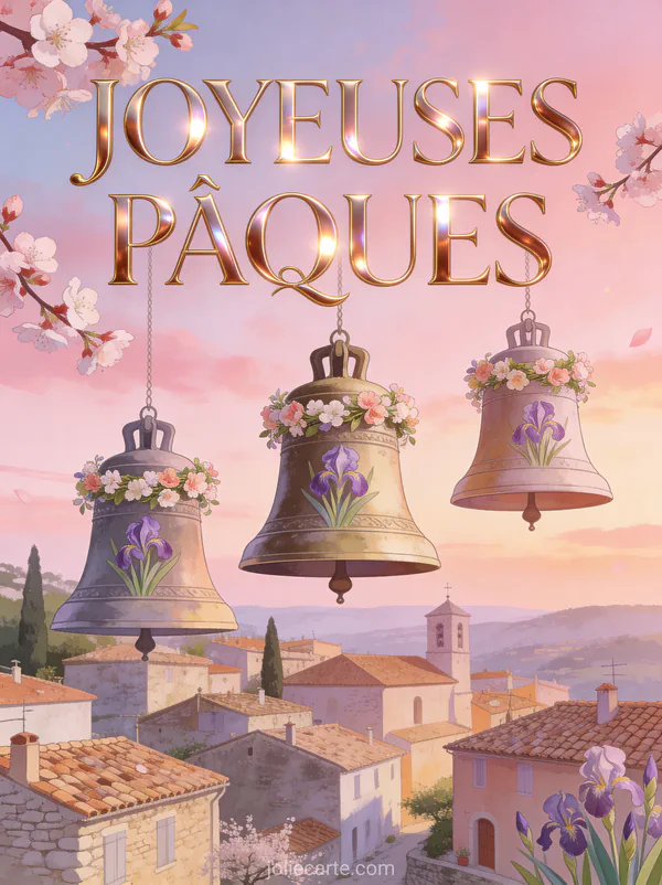 Trois cloches décorées de guirlandes de cerisier et d'iris suspendues au-dessus d'un village provençal au crépuscule