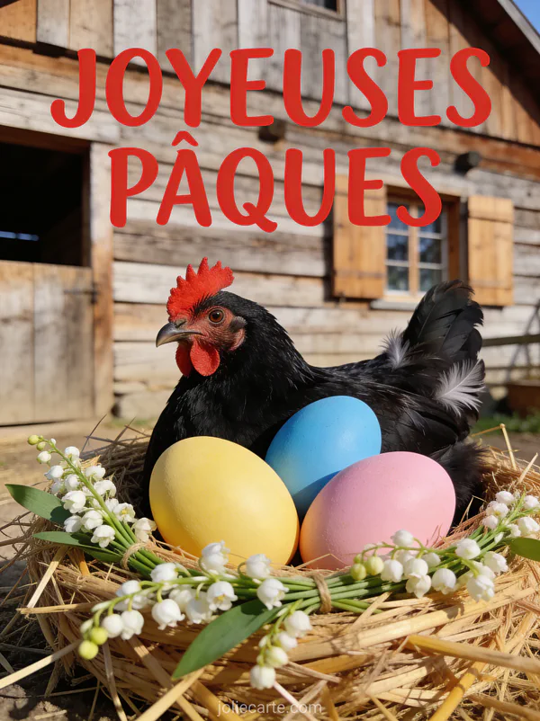 Poule noire avec une crête rouge couvant des œufs de Pâques colorés dans un nid de paille décoré de muguet