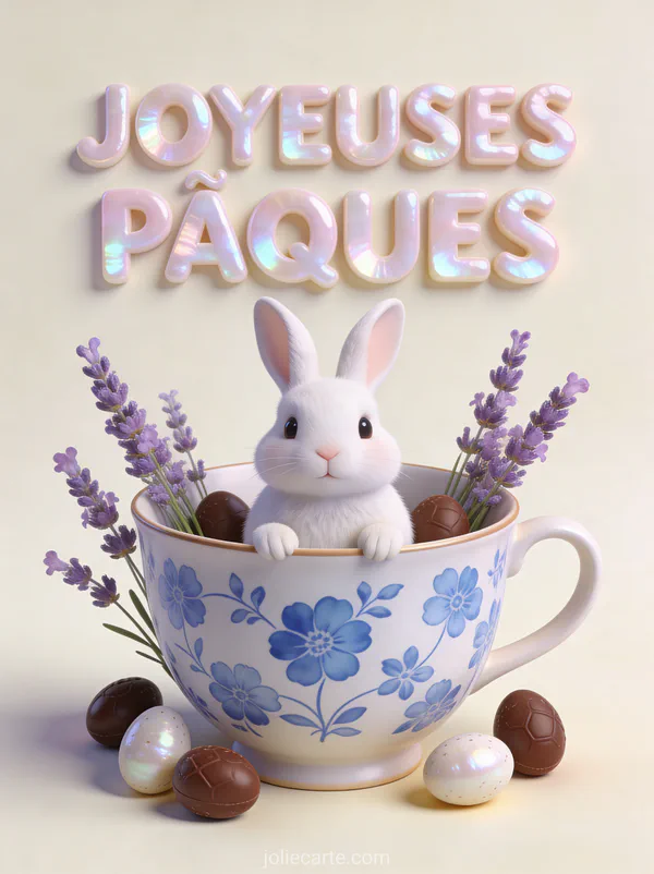 Petit lapin blanc assis dans une tasse géante décorée de motifs floraux entouré de mini œufs en chocolat et de lavande