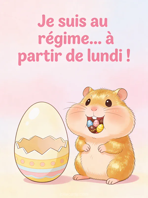 Petit hamster doré les joues gonflées de mini œufs en chocolat assis à côté d'un œuf de Pâques ouvert