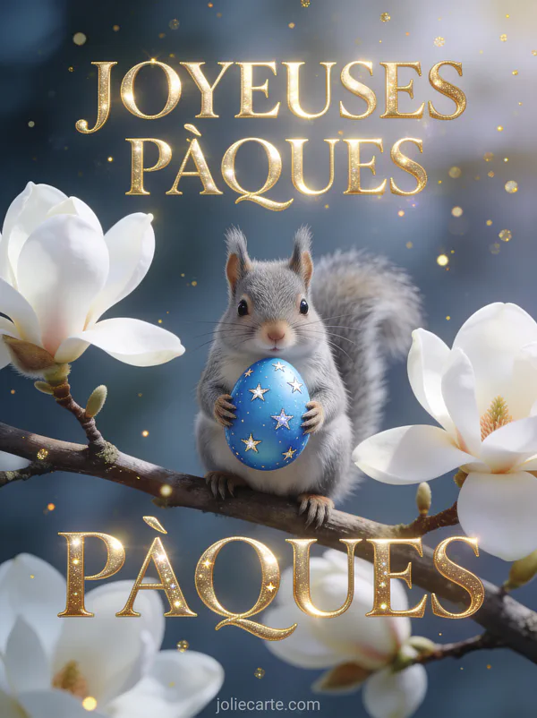 Écureuil gris tenant un œuf de Pâques bleu décoré d'étoiles sur une branche de magnolia blanc avec particules dorées