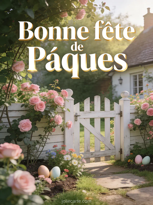 Jardin de cottage anglais avec portillon blanc rosiers grimpants roses et œufs cachés dans les massifs de fleurs