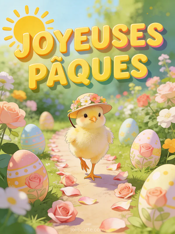 Poussin duveteux portant un chapeau fleuri marchant sur un sentier de pétales de roses entre des œufs de Pâques