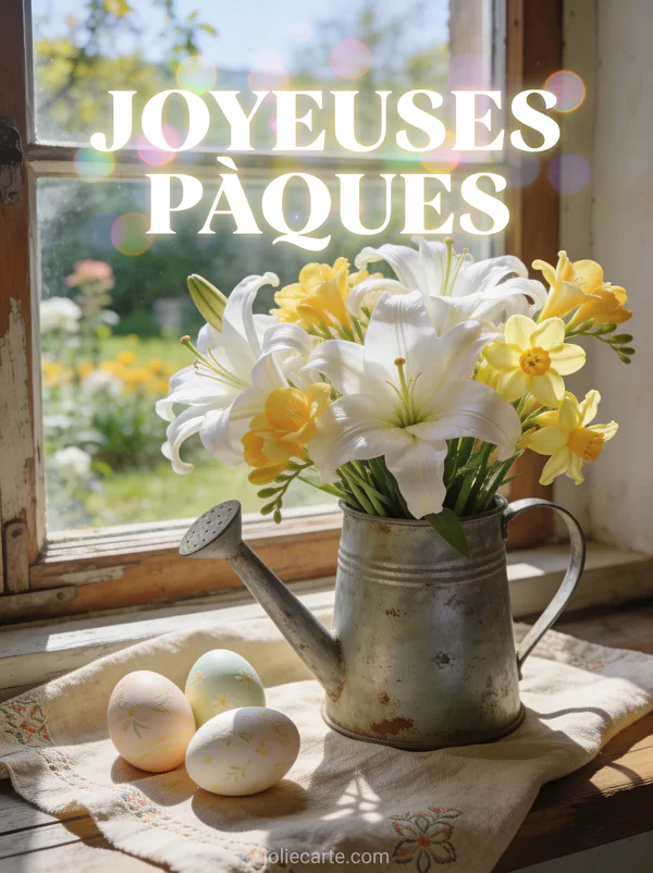 Bouquet de lys blancs et freesias jaunes dans un arrosoir en zinc avec des œufs peints sur un tissu en lin