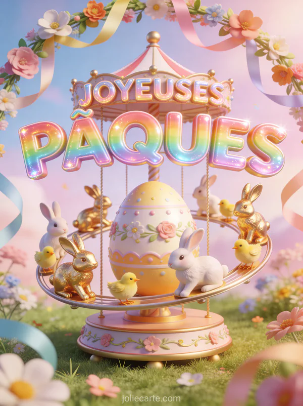 Carrousel miniature de Pâques avec des lapins et poussins dorés autour d'un œuf central avec guirlandes de fleurs