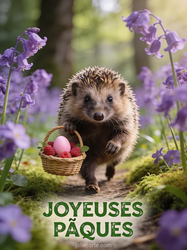Petit hérisson portant un mini panier rempli de framboises et d'un œuf rose dans un sentier de mousse et violettes