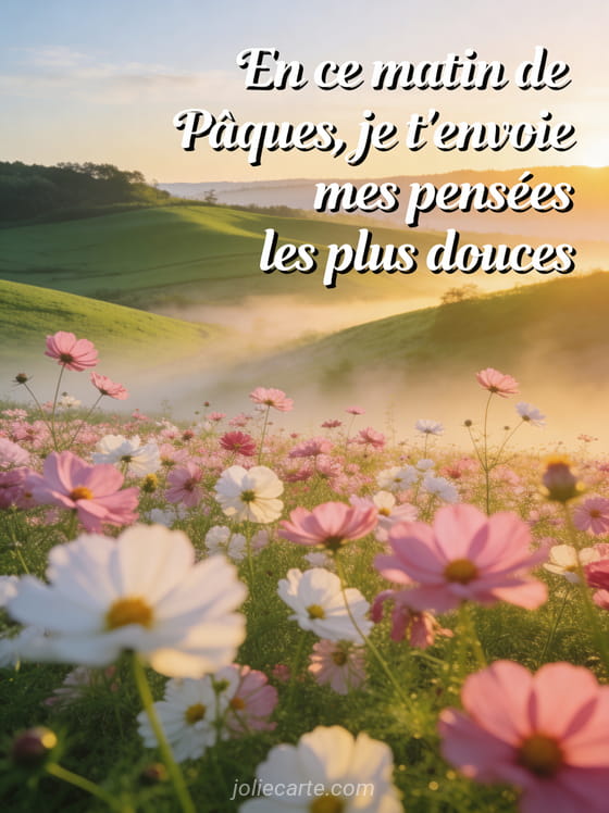 Campagne au lever du soleil avec collines vertes champ de cosmos roses et blancs et brume matinale dorée