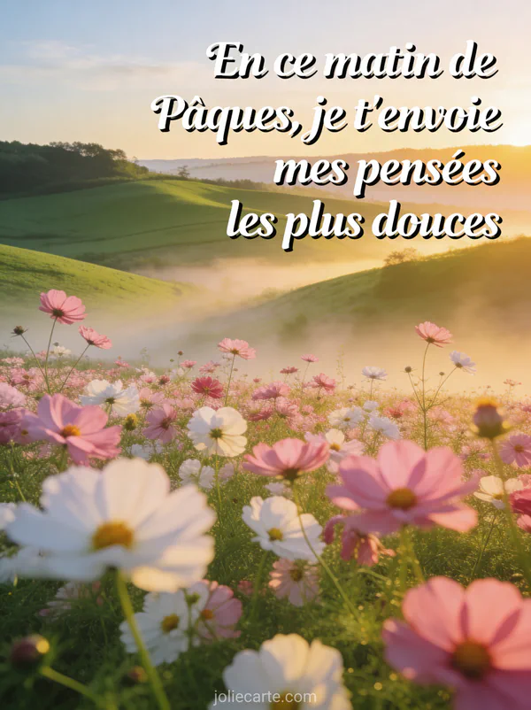 Campagne au lever du soleil avec collines vertes champ de cosmos roses et blancs et brume matinale dorée