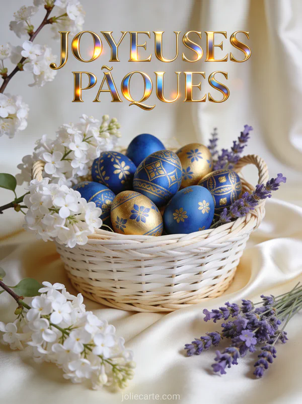 Panier de Pâques luxueux rempli d'œufs peints bleus et or entouré de lilas blanc et de lavande sur tissu en soie