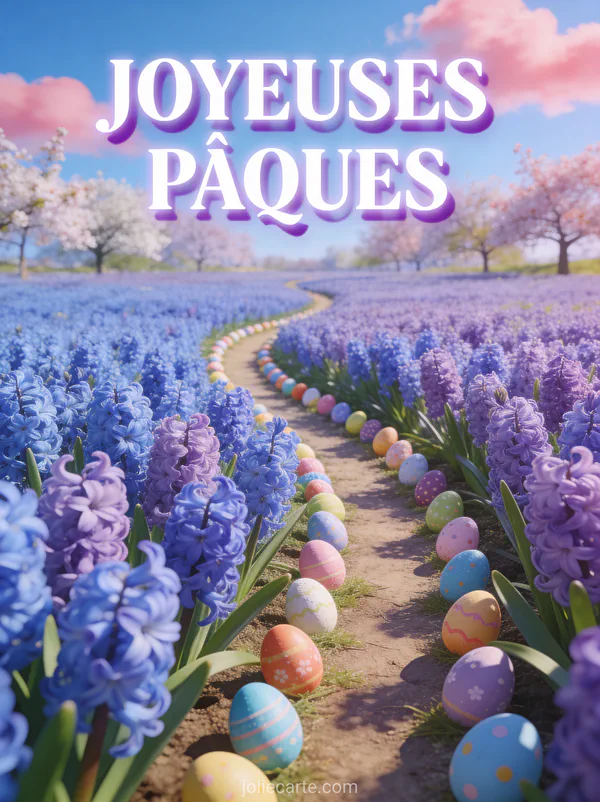 Champ de jacinthes bleues et mauves avec un sentier bordé d'œufs de Pâques colorés et arbres en fleurs au fond
