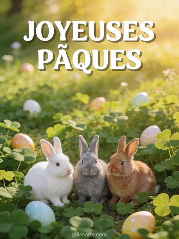 Trois lapins blanc gris et brun assis en rang dans un pré de trèfles avec des œufs de Pâques éparpillés