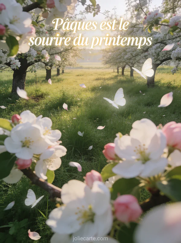Verger de pommiers en fleurs avec pétales volant au vent prairie verte lumière dorée et papillons blancs
