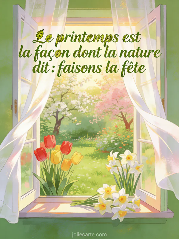 Fenêtre ouverte sur un jardin printanier luxuriant avec tulipes et jonquilles sur le rebord et rideaux blancs flottant