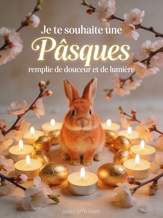 Petit lapin roux au milieu d'un cercle de bougies et d'œufs dorés entouré de branches d'amandier en fleurs