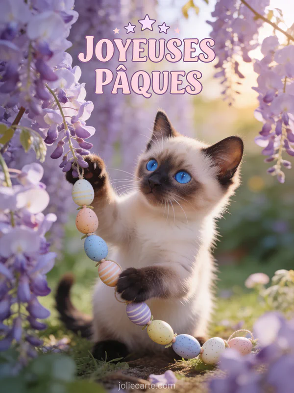 Chaton siamois aux yeux bleus jouant avec une guirlande d'œufs miniatures dans un jardin de glycine en fleurs